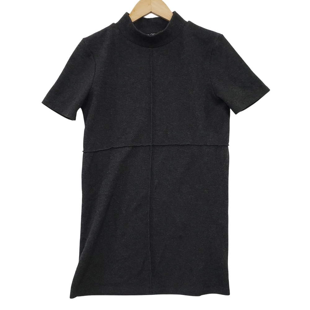 Zara Knit Mini Dress Womens Medium Charcoal Gray Mock Neck Short Sleeve Casual